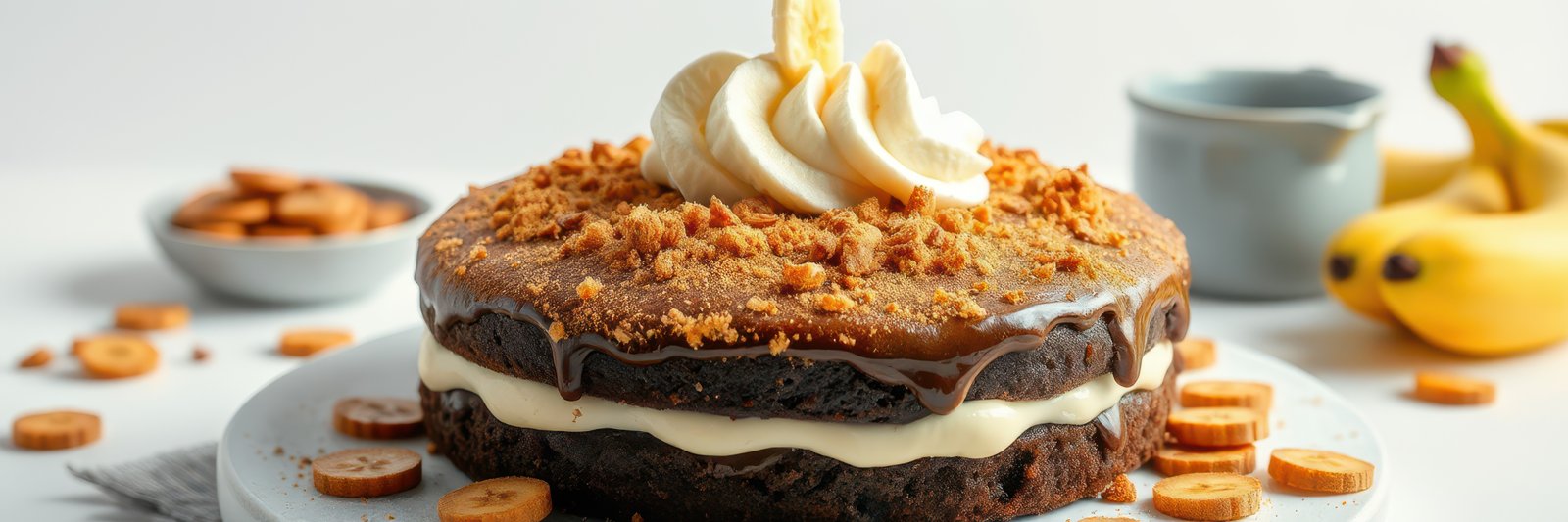 Delicious homemade banana cake topped with cream and caramel drizzle served on a white plate with sliced bananas